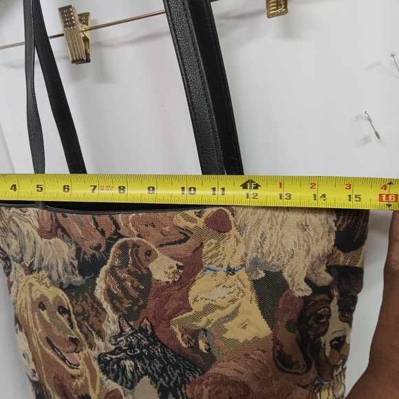 Woven Tapestry Tote Shoulder Bag Genuine Leather Trim Dog Pattern Weekend - Picture 7 of 8